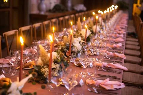 Table set for wedding or another catered event dinner Stock Photos