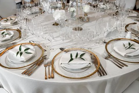 Table set for wedding or another catered event dinner Stock Photos