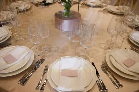 Table set for wedding or another catered event dinner Stock Photos