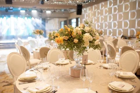 Table set for wedding or another catered event dinner Stock Photos