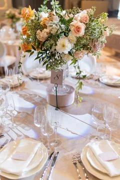 Table set for wedding or another catered event dinner Stock-Fotos