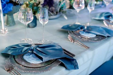 Table set for wedding or another catered event dinner Stock Photos