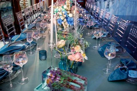 Table set for wedding or another catered event dinner Stock Photos