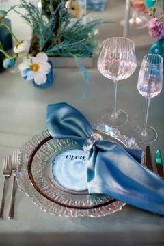 Table set for wedding or another catered event dinner Stock Photos
