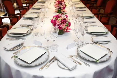 Table set for wedding or another catered event dinner Stock Photos