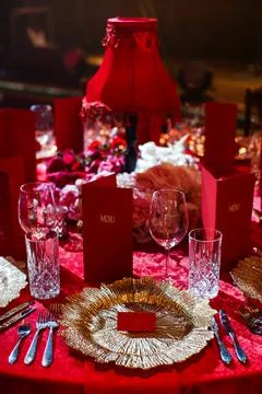 Table set for wedding or another catered event dinner Stock Photos