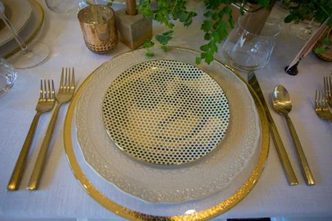 Table set for wedding, top view of beautiful decorative plates. Stock Photos