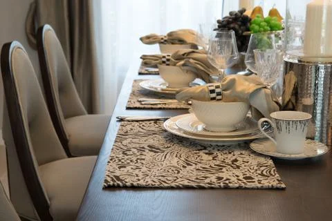 Table set on wooden dinning table Stock Photos