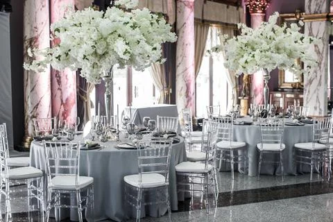 Table sets for wedding or another catered event dinner Stock Photos