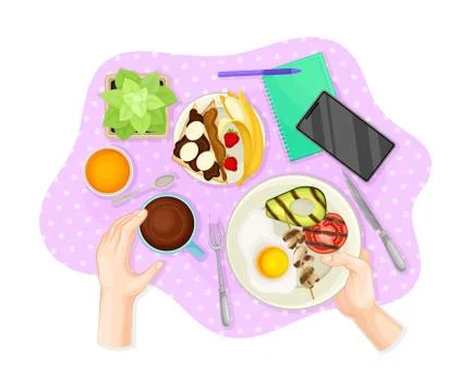 Table Setting Above View with Hands Holding Plate with Grilled Vegetables with Stock Illustration