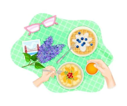 Table Setting Above View with Hands Eating Porridge and Drinking Juice Vector Stock Illustration