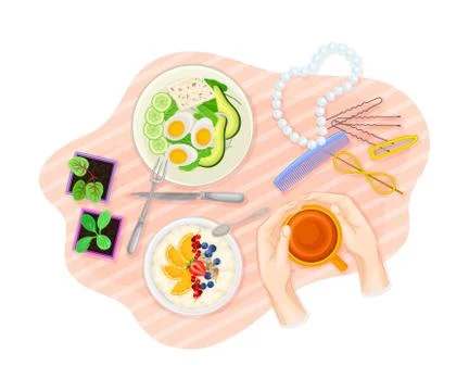 Table Setting Above View with Meal Served on Plate and Hands Holding Cup with Stock Illustration