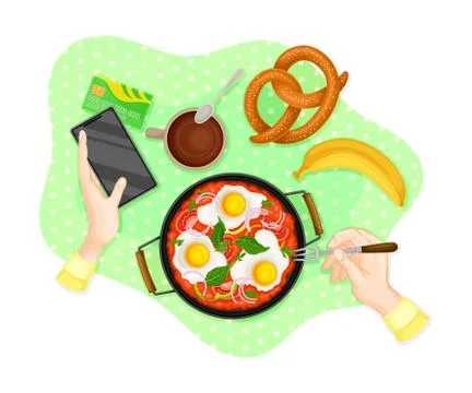 Table Setting Above View with Scrambled Eggs Served in Frying Pan and Hands Stock Illustration