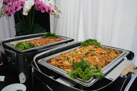 Table Setting Asian Buffet Indonesian Food Catering Mie Goreng in Event Stock Photos