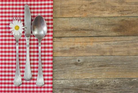 Table setting background for dinner, menu, meal  with rustic tablecloth Stock Photos