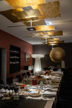 Table setting for a banquet or celebration.Empty glasses for alcoholic beverages Stock Photos