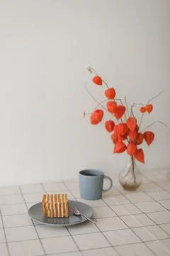 Table setting for breakfast with delicious cake, Aesthetic look Stock Photos