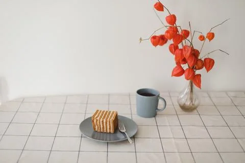 Table setting for breakfast with delicious cake, Aesthetic look Stock Photos
