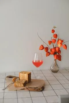 Table setting for breakfast with delicious cake, Aesthetic look Stock Photos