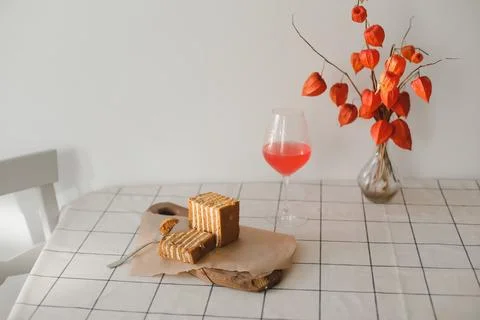 Table setting for breakfast with delicious cake, Aesthetic look Stock Photos