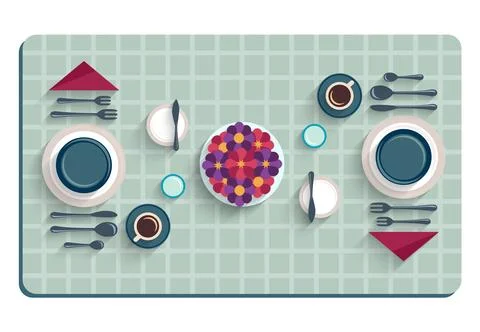 Table setting for breakfast. Top view of desk background with utensils, flo.. Stock Illustration