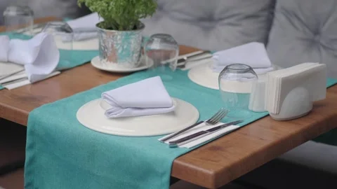 Table setting at a cafe for lunch in a city Stock Footage 341321052