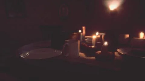 Table setting in candlelight at night Stock Illustration