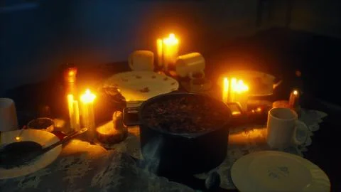Table setting in candlelight at night Stock Illustration