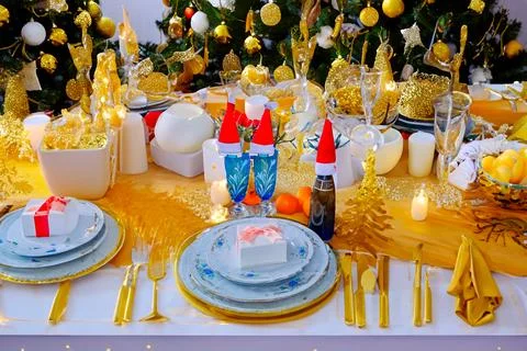 Table setting for celebration Christmas and New Year Holidays. Festive table Stock Photos