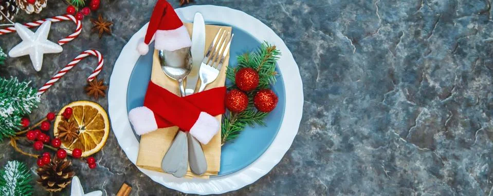 Table setting for christmas decor. Selective focus. Stock Photos