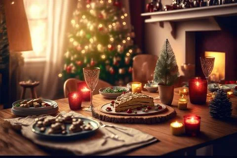 Table setting for Christmas or New Year celebration in living room with firep Stock Photos