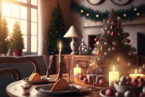 Table setting for Christmas or New Year celebration in living room with firep Stock Photos