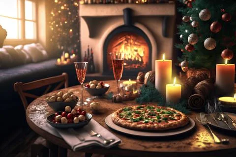 Table setting for Christmas or New Year celebration in living room with firep Stock Photos