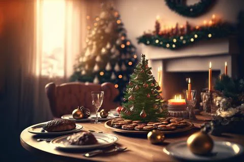 Table setting for Christmas or New Year celebration in living room with firep Stock Photos