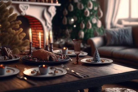 Table setting for Christmas or New Year celebration in living room with firep Stock Photos