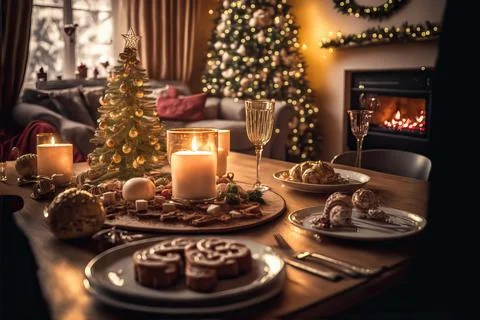 Table setting for Christmas or New Year celebration in living room with firep Stock Photos
