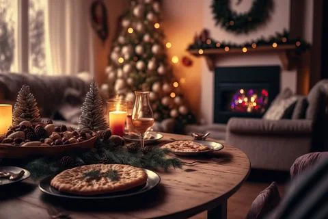 Table setting for Christmas or New Year celebration in living room with firep Stock Photos