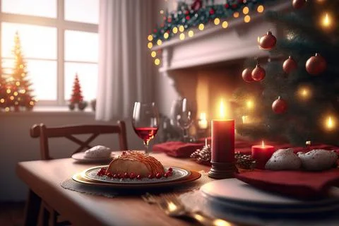 Table setting for Christmas or New Year celebration in living room with firep Stock Photos
