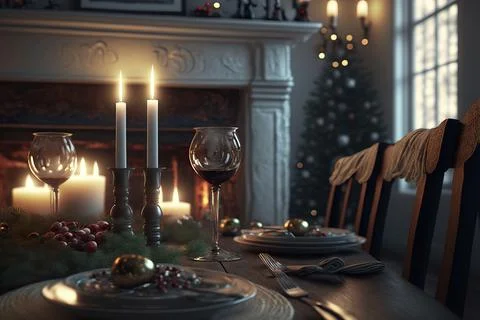 Table setting for Christmas or New Year celebration in living room with firep Stock Photos