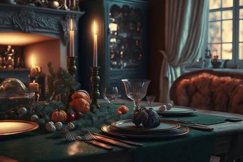 Table setting for Christmas or New Year celebration in living room with firep Stock Photos