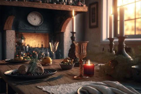 Table setting for Christmas or New Year celebration in living room with firep Stock Photos