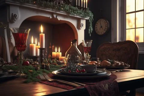 Table setting for Christmas or New Year celebration in living room with firep Stock Photos