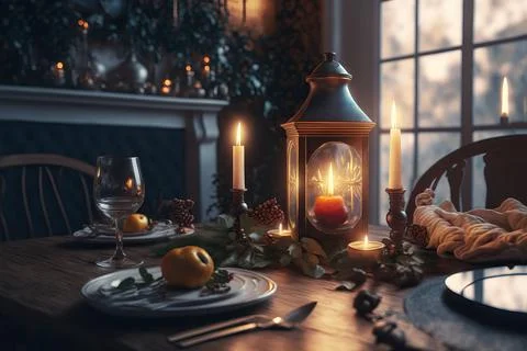 Table setting for Christmas or New Year celebration in living room with firep Stock Photos