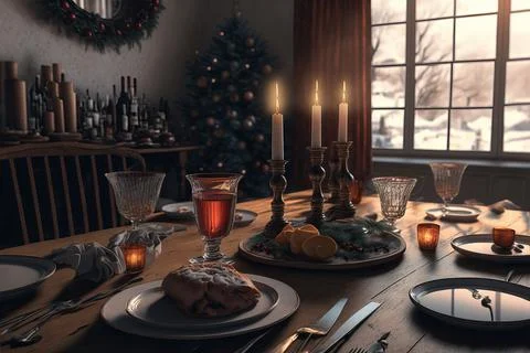 Table setting for Christmas or New Year celebration in living room with firep Stock Photos