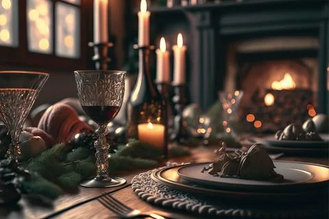Table setting for Christmas or New Year celebration in living room with firep Stock Photos