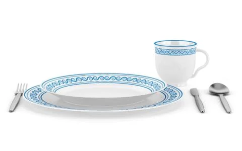 Table setting with cup isolated on white background Illustrazione stock