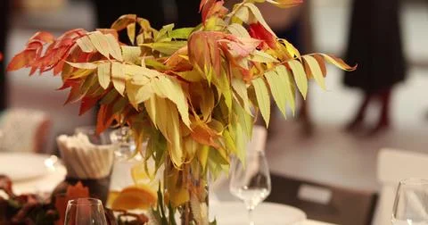 Table setting-decoration of a large table with leaves on an autumn theme Stock Photos