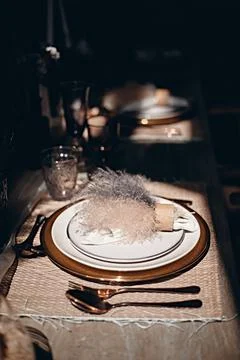 Table setting decorations, glasses and plates. Stock Photos