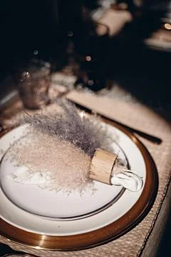 Table setting decorations, glasses and plates. Stock Photos