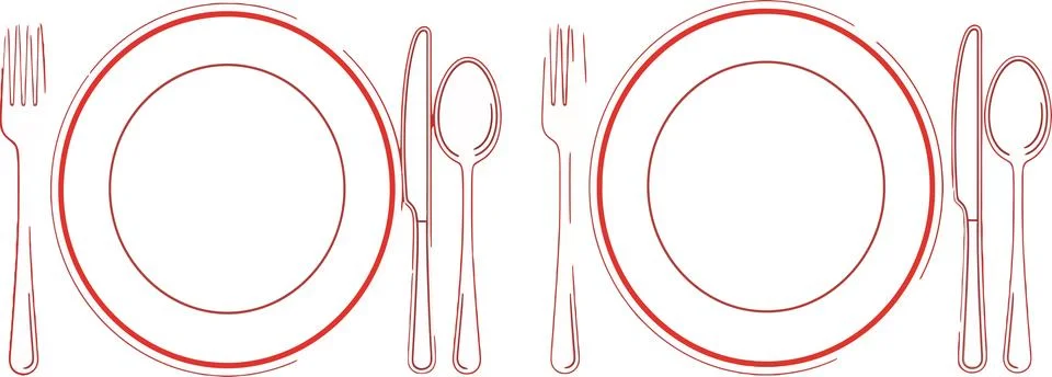 Table setting depicted with red outline, featuring two plates and accompanyin Stock Illustration
